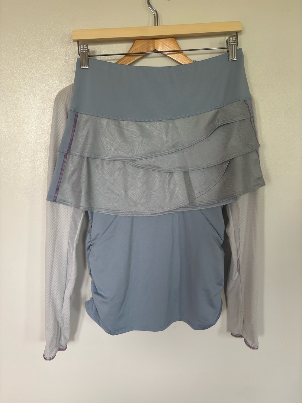 Lucky in Love Light Blue Layered Skirted Skort, quarter zip and tank top